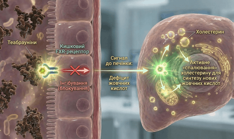 Інгібування кишкового FXR-рецептора теабраунінами.