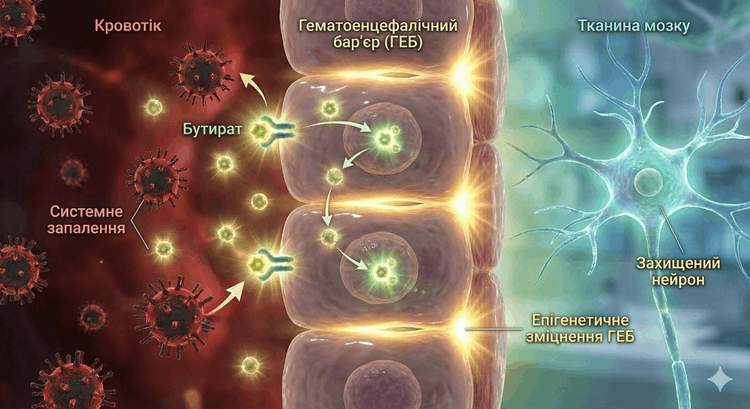 Епігенетичний вплив бутирату: зміцнення ГЕБ і захист нейронів від системного запалення.